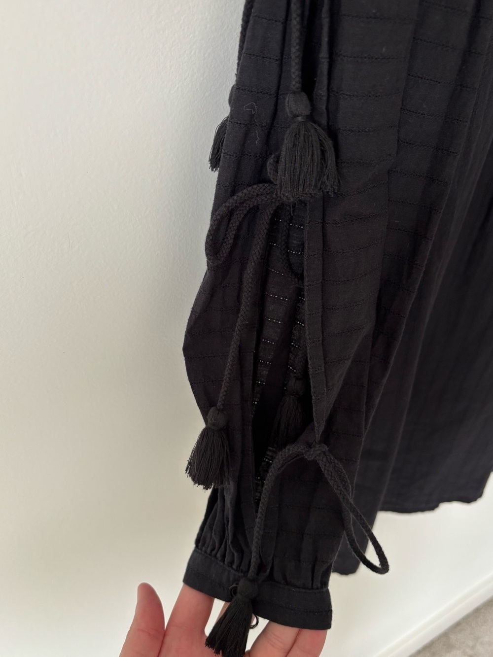 Rebecca Minkoff Black Cotton Peasant Mini Dress Long Sleeve Tie Arms Cottagecore - Picture 6 of 8